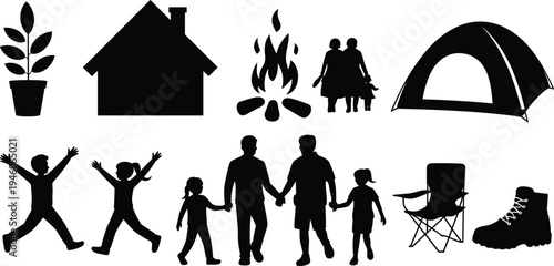Black silhouette icons of family, camping, hiking, home, nature, outdoor recreation, lifestyle activities, decorative vector illustration artwork