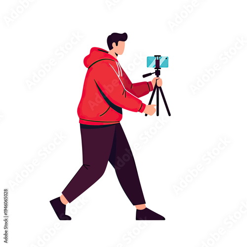 Young Man Vlogging with Smartphone on Tripod for Social Media Content