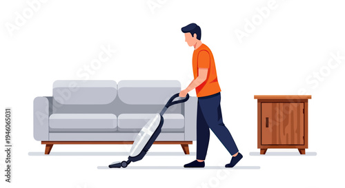 Young man diligently cleaning his living room floor with a modern vacuum cleaner