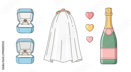 Illustration of wedding rings, veil, champagne, and hearts for a bridal celebration