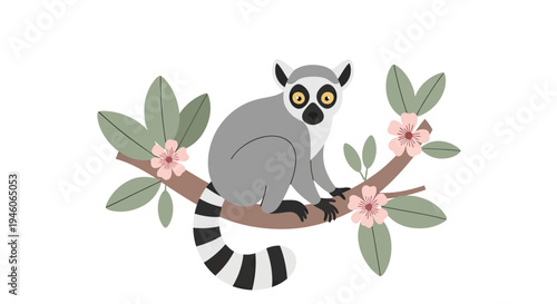 Cute cartoon lemur sitting on a branch with pink flowers and green leaves