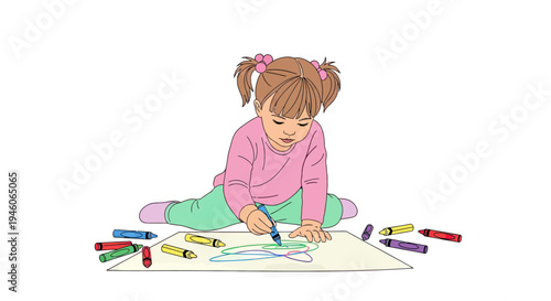 Adorable little child drawing with colorful crayons on the floor, engaging in creative playtime