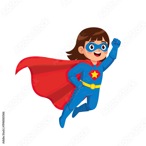 Dynamic cartoon girl superhero flying in classic blue costume with red cape