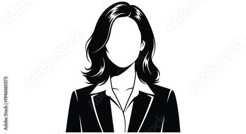 Black and white illustration of a professional woman with wavy hair and a suit