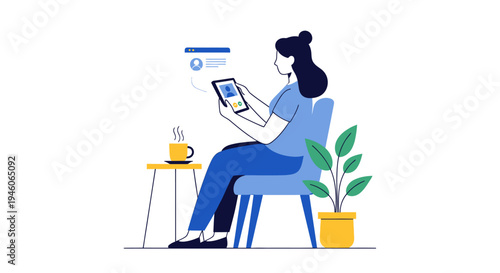 Focused Woman Engaging with Digital Content and Online Tasks on Tablet