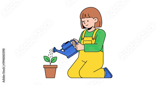 Young gardener nurturing a small plant with a watering can, symbolizing growth and care
