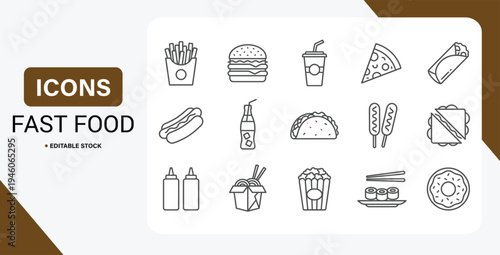 Fast food and street food line icon set with burger, hotdog and sandwich outline vector symbols.