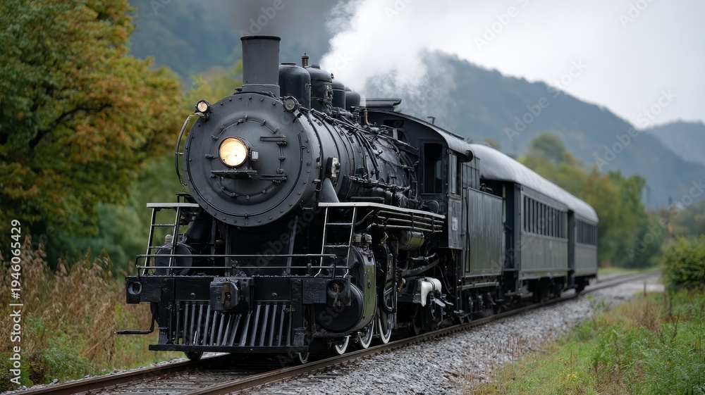 Fototapeta premium Vintage steam locomotive on scenic countryside railway