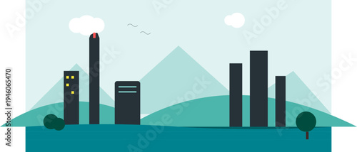 Flat design cityscape illustration featuring abstract industrial buildings and natural mountains.