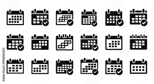 Collection of black calendar icons with varied designs and checkmarks