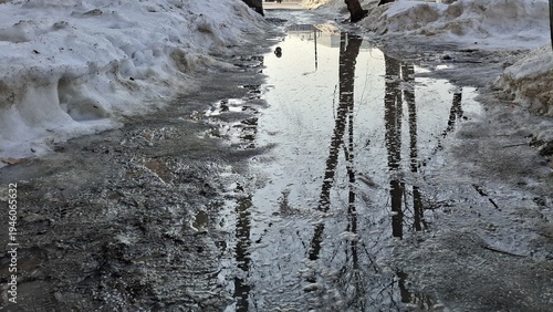 Melting snow and long water puddle on a city sidewalk during early spring. Reflections of bare trees on the icy surface create a moody atmosphere of seasonal change in a residential area today