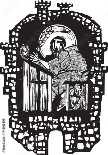 Woodcut Monk in Monastery working on illuminating a manuscript