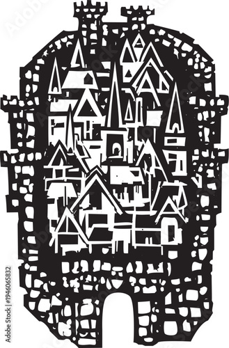 Woodcut Medieval City with stone walls