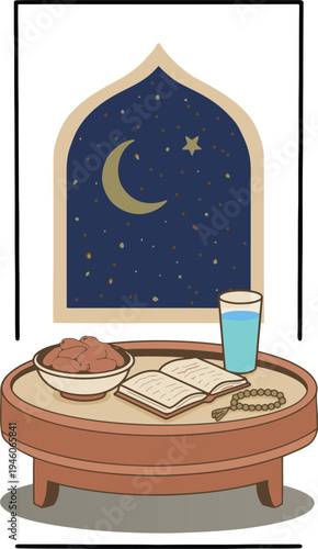 Vector illustration of Ramadan table setting with moon window