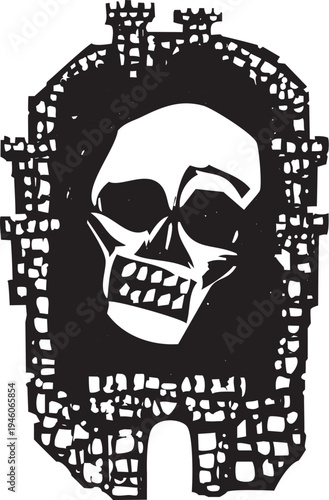 Woodcut Plague City with skull inside of the walls