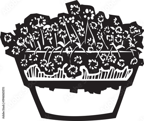 Woodcut style flowers in a a flower pot