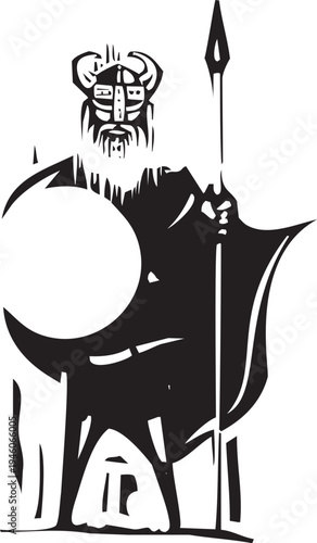 Woodcut style viking with spear and shield