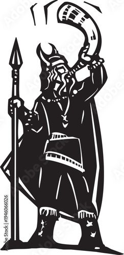 Woodcut style Viking blowing War Horn