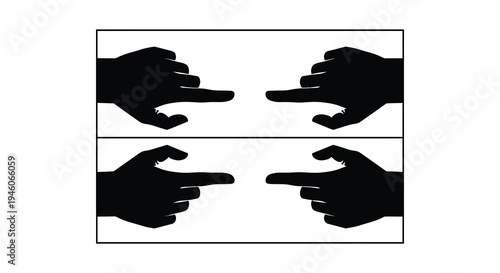 Four black silhouettes of hands pointing in opposite directions on a white background