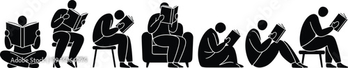 Cad drawing flat vector illustration of diverse group of people in different sitting poses reading books in a modern library