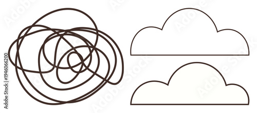 Creativity, decision-making, brainstorming, abstract design, minimalism, art concepts. Chaotic scribble next to two cloud outlines. Creativity and decision-making visuals in abstract design