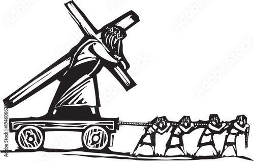 Woodcut style image of people dragging a giant statue of jesus on a cart