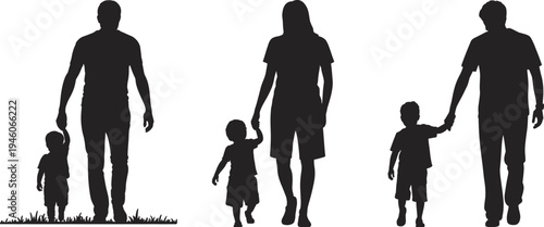 Cad drawing flat vector illustration of parent and child silhouettes walking together while holding hands, featuring fathers, mothers, and toddlers.