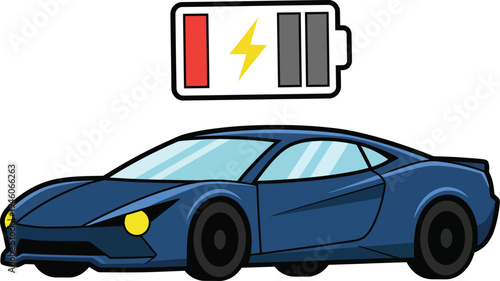 Modern blue electric sports car illustration with a low battery charging symbol for EV technology and green energy in an AI circuit silhouette style design isolated on white AI Generative
