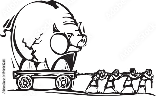 Woodcut style image of people dragging a broken piggy bank on a cart