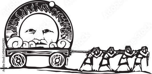 Woodcut image of people dragging a sun with a face on a cart