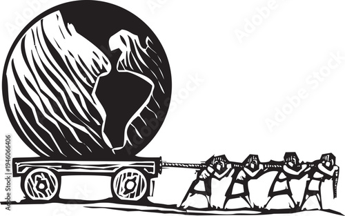 Woodcut image of people dragging the earth on a cart