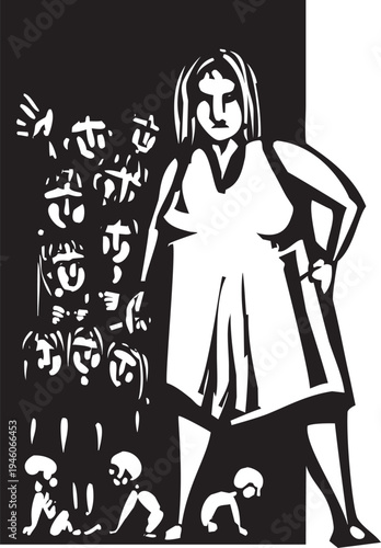 Woodcut expressionist of a woman smoking a cigarette surrounded by the faces of children in the shadows.