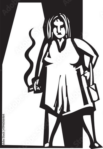 Woodcut style woman with a cigarette standing beneath a streetlamp.
