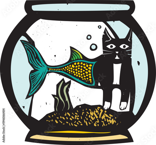Woodcut style image of a catfish using the body of a cat and a fish.