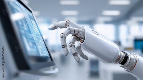 Advanced robot interaction in a futuristic lab environment with a glowing high-tech digital display, side view AI concept, defocused tech lab, advanced lab robot, futuristic AI