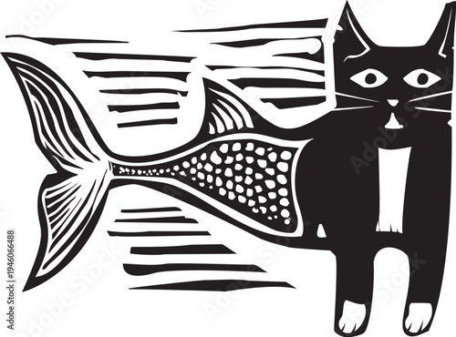 Woodcut style image of a catfish using the body of a cat and a fish.