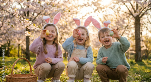 Three happy children wearing bunny ears holding colorful Easter eggs for celebrating Easter Day