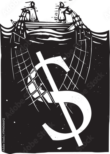Woodcut expressionist image of fishermen catching a dollar sign in a net