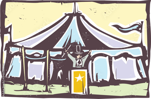 Woodcut style image of a ringmaster in front of a circus tent