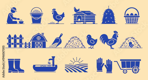 Farm Icons Set: Chicken Coop, Rooster, Eggs, Farmer, Hay, Barn - Vector Graphics