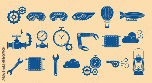 Steampunk Icons: Gears, Goggles, Airships, Robot Arm, Wrench, Lantern