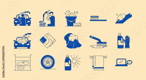 Car Wash Icons Set: Cleaning, Washing, Detailing, Equipment, and Supplies