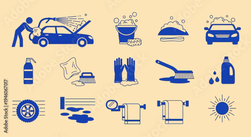 Car Wash Icons Set: Cleaning, Maintenance, Auto Care, Service, Symbols