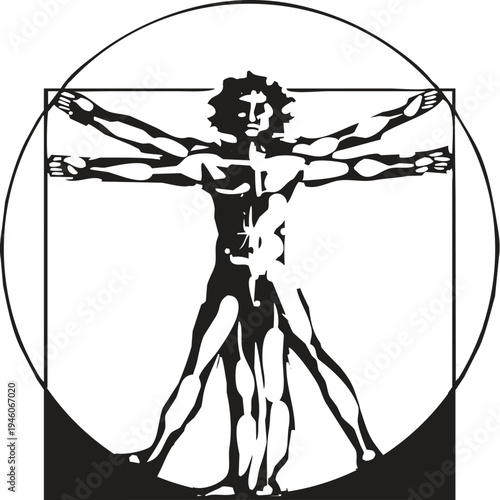Woodcut style image of the vitruvian perfect example of a human