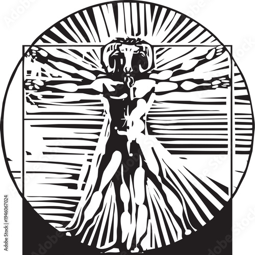 Woodcut style classical image of summoning a demon.