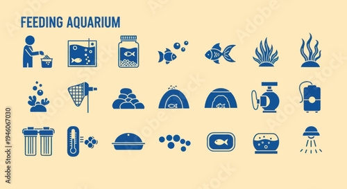 Aquarium Feeding Icons Set: Fish Care, Equipment, and Supplies