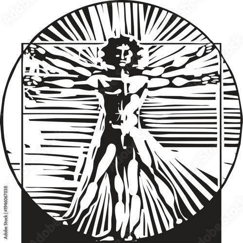 Woodcut style image of the vitruvian perfect example of a human