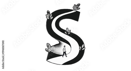 Stylized Letter S with a Person Walking on a Path.