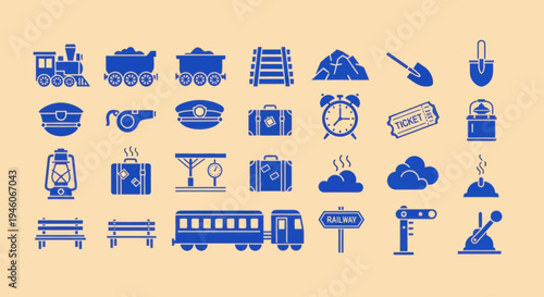Vintage Train Travel Icons Set