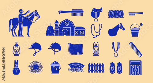 Equestrian and Farm Icon Set: Horse Riding, Barn, Tools, and Accessories